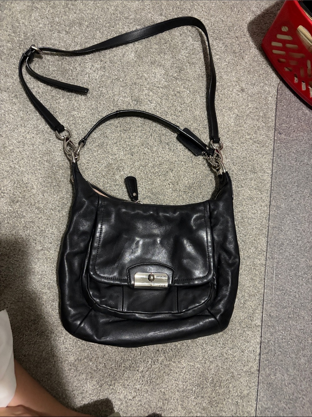 Black Leather Shoulder Bag with Front Flap (Including Duster)